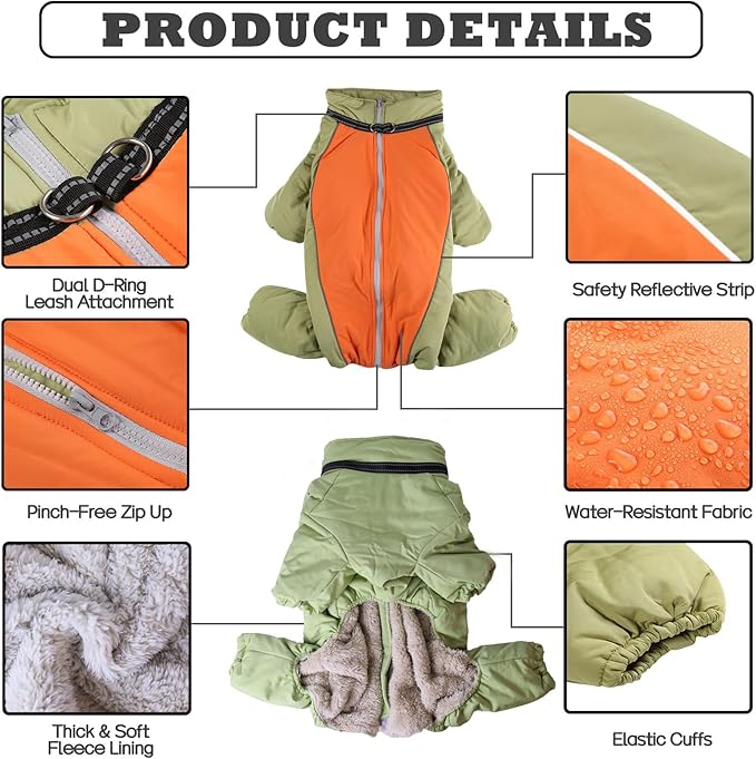 Toasty Warm 4-Legged Dog Snowsuit with Leash Ring, Reflective Zip Up Dog Winter Coat, Windproof Fleece Lining Dog Jumpsuit Jacket, LightGreen,12