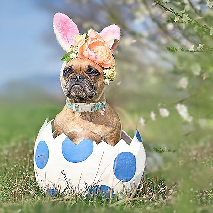 Lionet Paws Easter Dog Collar- Cute Green Eggs Dog Collars with Plastic Buckle, Light Adjustable Dog Large Collars with Rabbit Pendant for Medium Large Dogs