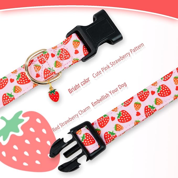 Cute Cotton Dog Collar for Small Medium Large Dogs Special Design Cute Pink Strawberry with Pendant for Girl Female Dogs Soft Adjustable Strawberry Puppy Collars for Girl Female Dogs Pet Collar