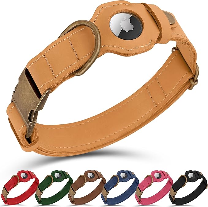 AirTag Dog Collar - Genuine Leather Dog Collar with Apple AirTag Holder and Metal Buckle - Smart GPS Tracking Pet Collars for Small Medium Large Dogs Puppy (Light Brown, L, 17"-21" Neck Fit)