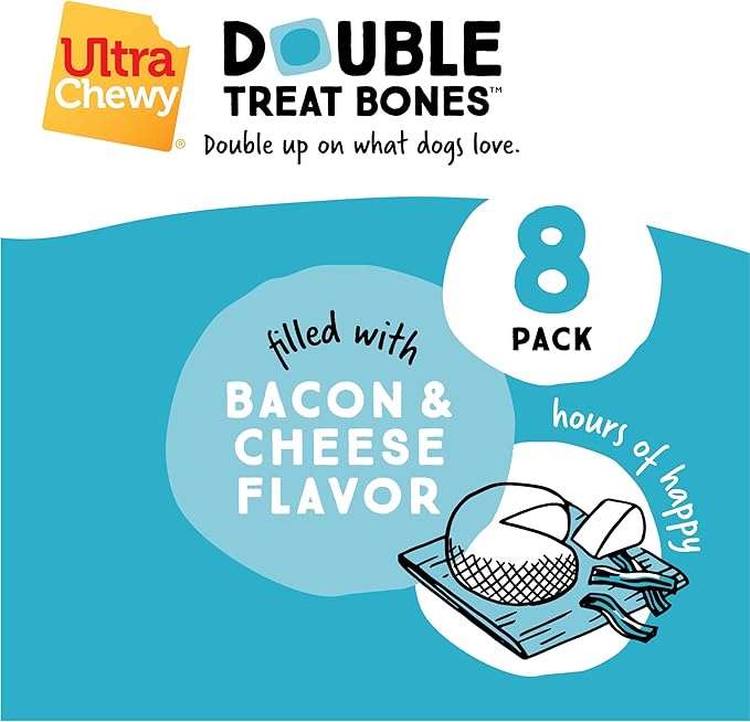 Ultra Chewy Double Treat Bones: Long-Lasting Dog Treats Made in USA for Large and Small Breeds, Highly Digestible, Ideal for Aggressive Chewers (Bacon & Cheese, 2 Value Packs)