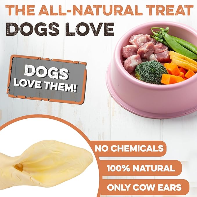 Premium Cow Ears For Dogs, Thick Cut & All-Natural Whole Ears, 100% Grass Fed Beef, No Additives Or Hormones, Safe Rawhide Alternative, Great Dog Treat Alternative To Pig Ears, Bully Sticks, Dog Bones