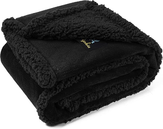 Waterproof Pet Blanket, Liquid Pee Proof Dog Blanket for Sofa Bed Couch, Reversible Sherpa Fleece Furniture Protector Cover for Small Medium Large Dogs Cats, Black Thicken Large(65" x 57")