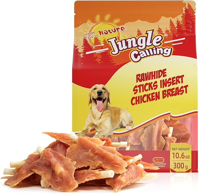 Jungle Calling Dog Treats, Chicken Jerky Wrapped Rawhide Chew Sticks, Long Lasting Chewing Snacks, Hip and Joint Supplement for Dogs with Glucosamine & Chondroitin, 10.6 oz