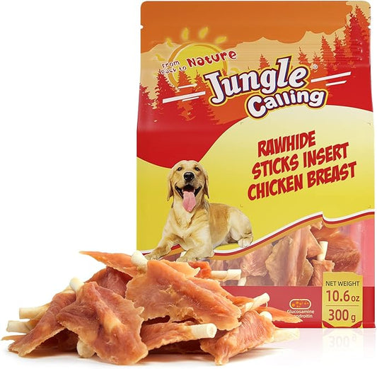 Jungle Calling Dog Treats, Chicken Jerky Wrapped Rawhide Chew Sticks, Long Lasting Chewing Snacks, Hip and Joint Supplement for Dogs with Glucosamine & Chondroitin, 10.6 oz