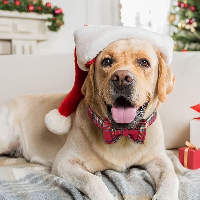 Tunkoo Dog Collar Christmas Plaid with Elegant Bow Tie Soft Comfy Cotton Adjustable Collar, Premium Metal Buckle for Puppy and Cat Small Medium Large(Red Plaid,M)