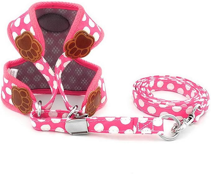 SMALLLEE_LUCKY_STORE New Soft Mesh Nylon Vest Polka Dot Pet Cat Small Medium Dog Harness Dog Leash Set Leads Pink M
