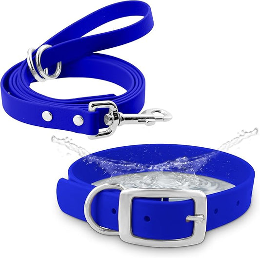 Regal Dog Products Small Blue Waterproof Dog Collar and Leash Set | Heavy Duty Double Buckle & D Ring - 5'ft Leash | Adjustable Biothane Dog Collar | Chew Resistant Waterproof Collar for Dogs
