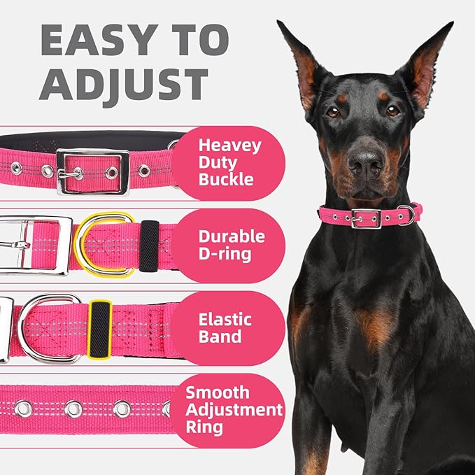PUPTECK Heavy Duty Dog Collar with Handle Bungee for Small Medium Large Dogs, Tactical Dog Training Collar for Easy Control, Reflective Padded Dog Collars for Walking Running, Deep Pink, S