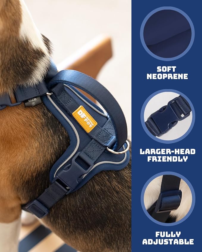 DF Freedom No Pull Martingale Dog Harness and Double-Ended Leash Set, Safety Control to Stop Pulling, Reflective & 5-Point Adjustable, Support Padded Handle, Navy Blue Pro, 3/4", Chest 20" - 26.8"