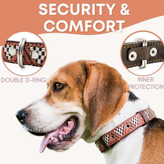 Western Dog Collar - Leather Embroidered Design for Small Medium Large Dogs & Puppy Pets - Aztec Southwest for Boy Girl Female & Male Dogs - Collar para Perros Beaded (Large, Brown Rust)