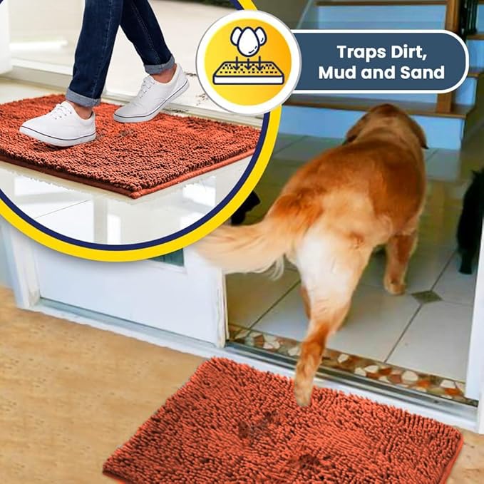 Muddy Mat® Shown on TV – Super Absorbent Microfiber Dog Door Mat for Muddy Paws, Non-Slip Washable Pet Rug, Quick Dry Chenille Entryway Carpet, Machine Washable Indoor Outdoor mat, Orange 72"x48"