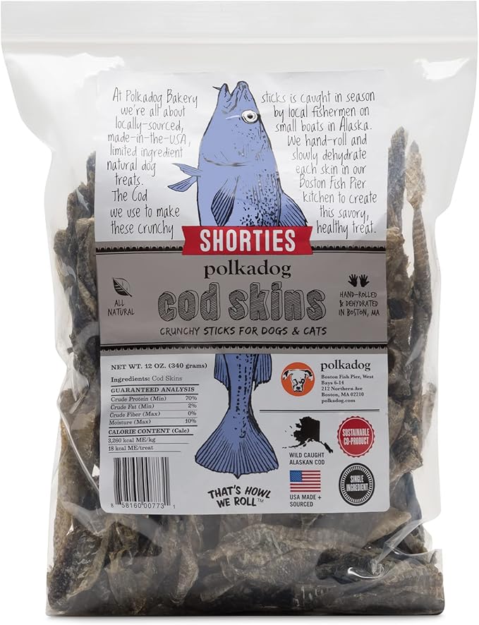 Polkadog Cod Skins Dog Treat - Lean Protein, Made in USA, Single-Ingredient, Grain & Gluten Free, for All Breeds - Crunchy Fish Skin Treat for Teeth Health, 12oz Shorties