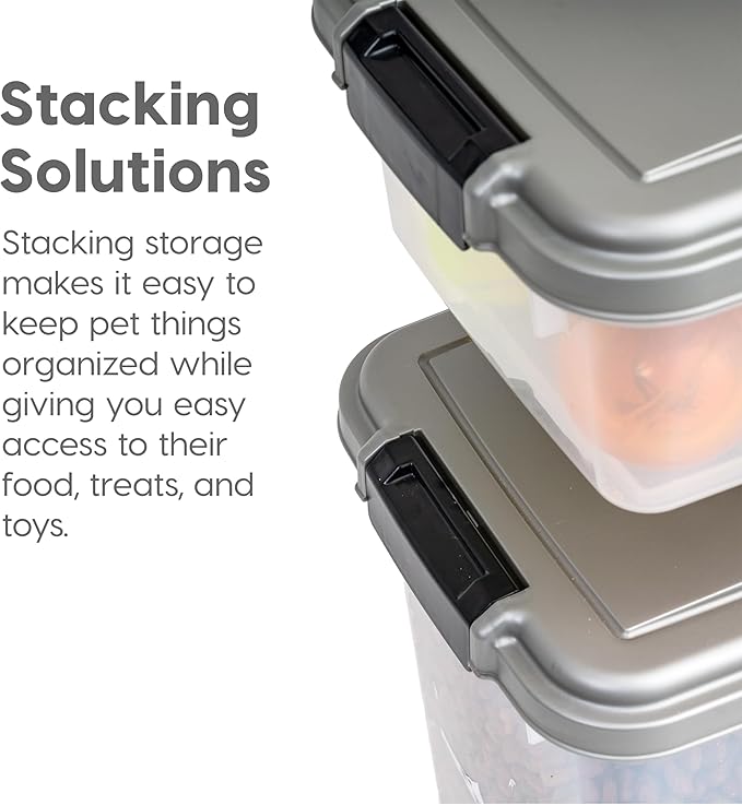 IRIS USA Dog Food Storage Container, 30 lbs & 11 lbs Combo, Cat Food Storage Container, Dog Treat Container, Airtight, Stackable, 2-Cup Scoop, Wheels, Easy Mobility, Silver