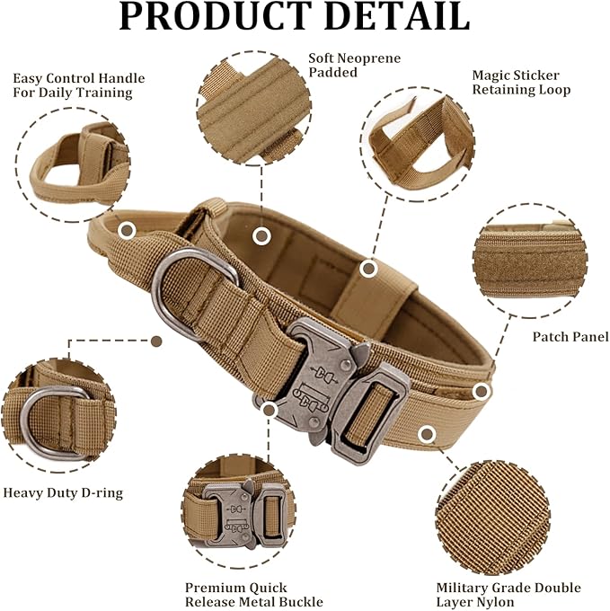 Tactical Dog Collar with Handle - Military Adjustable Dog Training Collar Soft Nylon and Heavy Duty Metal Buckle for Medium Large Dogs - with Patch (Brown, Large)
