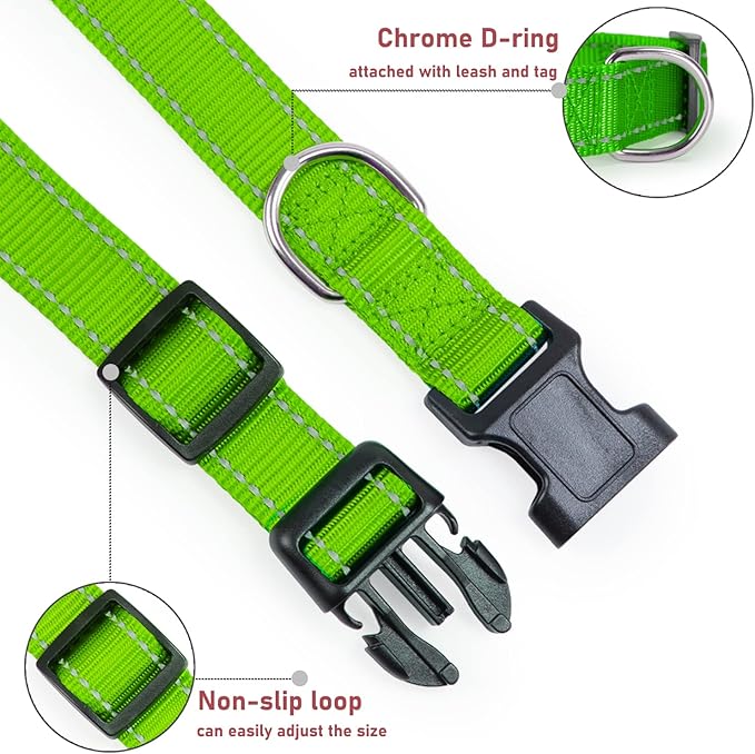 Reflective Dog Collar with Buckle Adjustable Safety Nylon Collars for Small Medium Large Dogs, Grass Green M