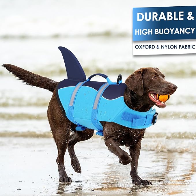 AOFITEE Dog Life Jacket, Shark Dog Life Vest for Swimming Boating, High Flotation Pet Lifesaver with Rescue Handle, Reflective French Bulldog Lifejacket, Life Jackets for Small Medium Large Dogs, M