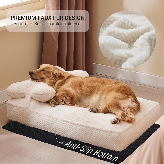 Soft Touch Orthopedic Dog Beds for Large Dogs, Extra Large Waterproof Dog Crate Bed with Removable Washable Cover, Attachable Pillow Cushion, Non-Slip Bottom (Ivory, X-Large)