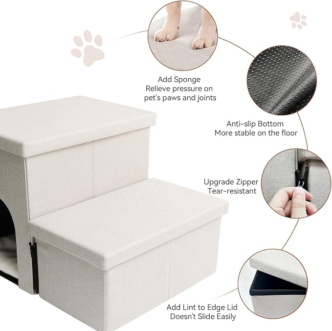 Dog Stairs with Condo 15" H, 2-Step Wider Dog Steps for Small/Medium/Large Old Dogs Cats, Folding Sturdy Storage Pet Stairs Climbing Bed Couch, Ramp for Car Hold Up to 150 lbs, Beige Gray