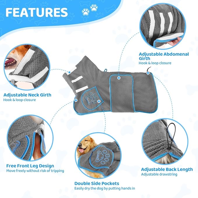 SlowTon Dog Bathrobe Towel - Super Absorbent Microfiber Pet Quick Drying Towel, Wearable Soft Bath Robes for After Bath Shower Swim Wet Walk, Adjustable for Small Middle Large Dogs (Grey, XS)