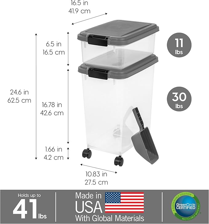 IRIS USA Dog Food Storage Container, 30 lbs & 11 lbs Combo, Cat Food Storage Container, Dog Treat Container, Airtight, Stackable, 2-Cup Scoop, Wheels, Easy Mobility, Dark Gray