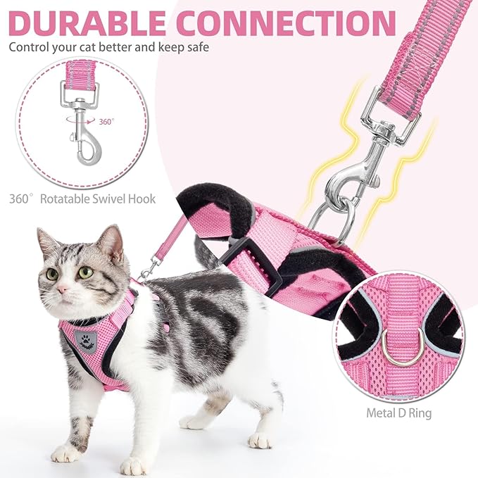 PUPTECK Cat Harness and Leash Set Escape Proof Reflective Cat Walking Harness Adjustable Soft Breathable Mesh Vest for Small Pets, Light Pink, L