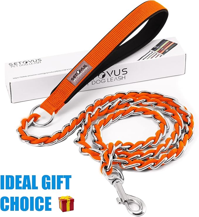 Chew Proof Metal Leash for Medium Large Dogs, 5.2FT Strong Anti Bite, Comfortable Soft Padded Handle Orange