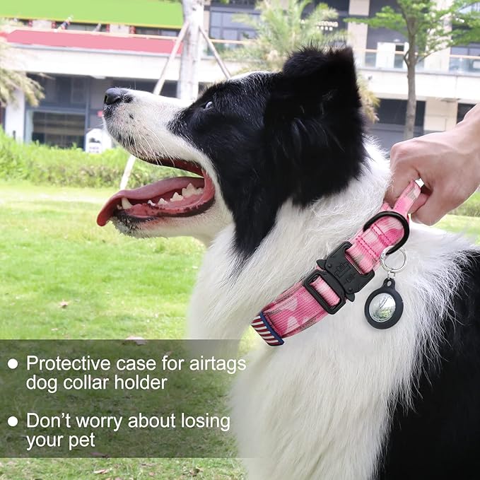 Hotsky Tactical Dog Collar, Adjustable Military Training Nylon Airtag Collar with Handle and Heavy Duty Metal Buckle for Medium Large Dogs, with Airtag Holder and Two Patches(Pink Camo,M)