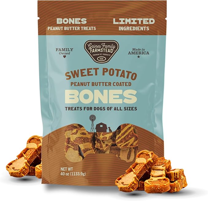 Gaines Family Farmstead Sweet Potato & Peanut Butter Dog Bones – 40 oz, Grain-Free, All-Natural Dog Treats for Digestion, Skin, Energy & Immunity – Limited Ingredient, Made in USA