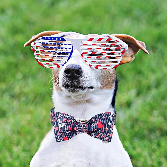 American Flag Dog Collar with Bow Tie, 4th of July Comfortable Cotton Cute Dog Collar with Metal Buckle, Patriotic Bowtie Collar for Puppy Girl Boy Dog or Cat, XS