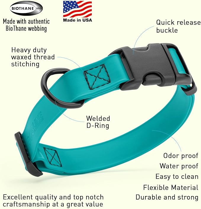 Dogline Biothane Waterproof Dog Collar with Quick Release Buckle Strong Coated Nylon Webbing with Odor- Proof for Easy Care Easy to Clean Fits Small Medium or Large Dogs, Teal 1" W 15-23" L