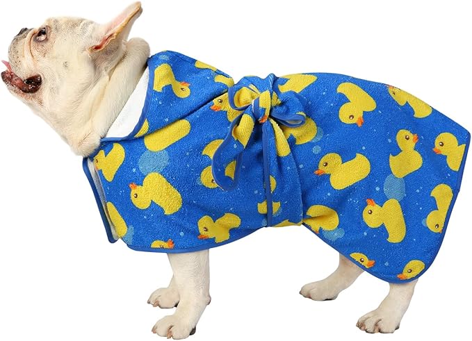 HDE Dog Bathrobe Super Absorbent Quick Drying Towel with Hood for All Dog Breeds Sizes S-XXL - Blue Rubber Ducks - M