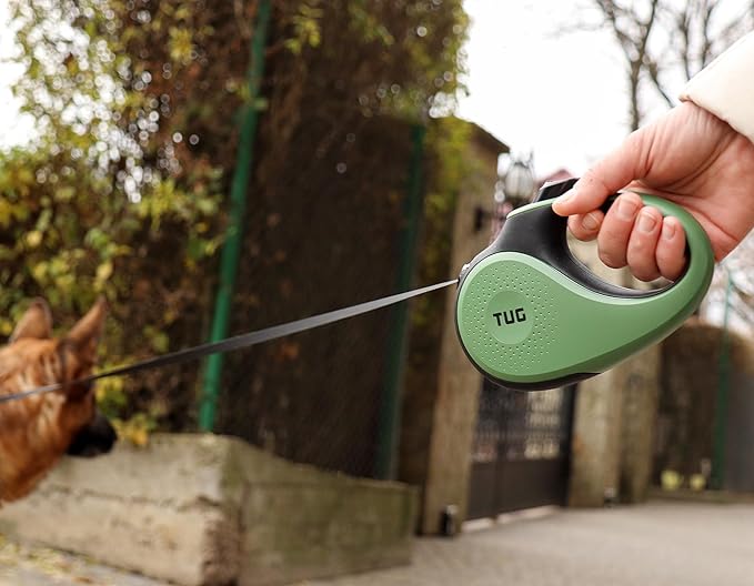 TUG 360° Tangle-Free Retractable Dog Leash with Anti-Slip Handle | 16 ft Strong Nylon Tape | One-Handed Brake, Pause, Lock (Medium, Green)