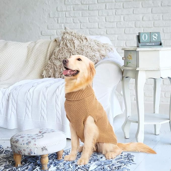 Mihachi Turtleneck Dog Sweater - Winter Coat Apparel Classic Cable Knit Clothes with Leash Hole for Cold Weather, Ideal Gift for Pet in New Year Khaki