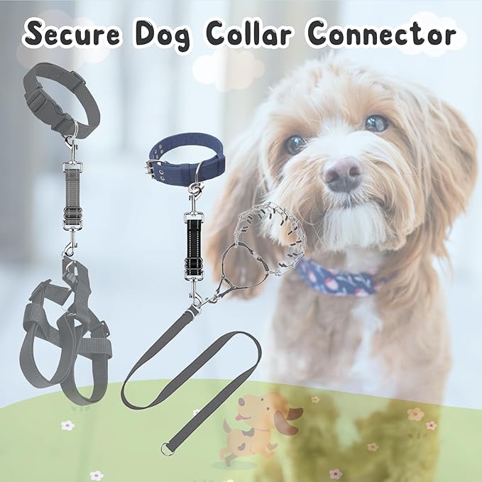 YUEPET Dog Safety Collar Clips 2 Pack Adjustable Prong Backup Clips Reflective Double Ended Backup Clasp Leash Connector for Dog Harness to Collar Safety Clip(Grey+Black)