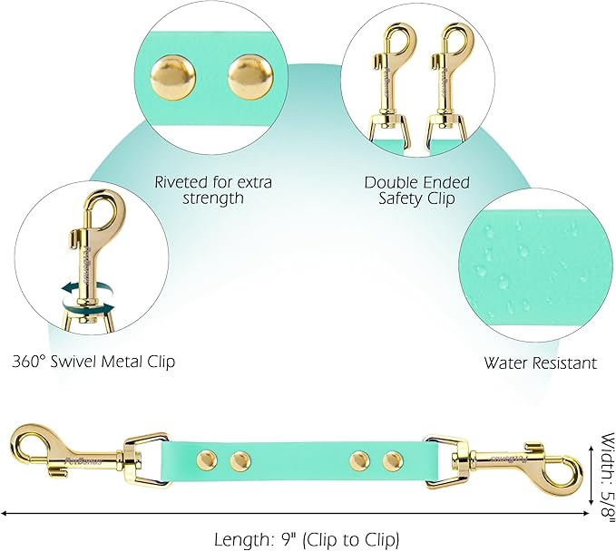 PetBonus Dog Collar Safety Clip, Waterproof Backup Safety Strap for Dog Harness to Prong Collar, Odor Proof Double Ended Clasp Leash Connector for Training Walking (Mint Green)