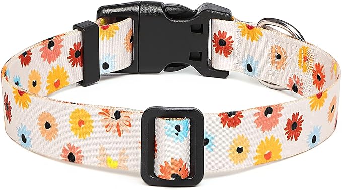 Adjustable Dog Collar with Patterns, Ultra Comfy Soft Nylon Breathable Pet Collar for Small Medium Large Dogs (L, Floral Daisy)