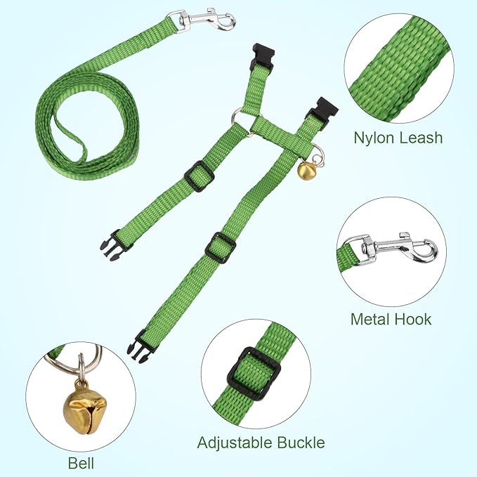 Hypeety Rabbit Bunny Harness with Leash Adjustable Soft Nylon Harness Rabbit Vest Harness Lead Leash Pink Blue Lead Leash All Season for Small Animals (Green)