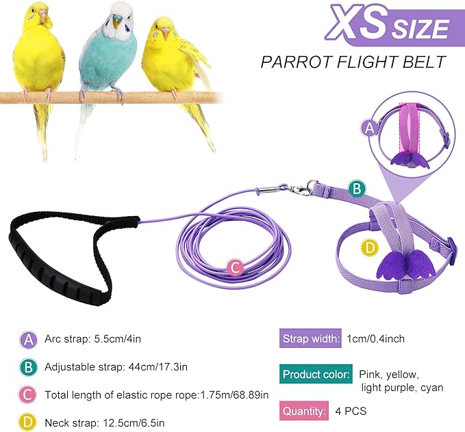 4 Pieces Pet Parrot Bird Harness Leash Adjustable Bird Flying Harness Traction Rope with Cute Wing for Parrots Pigeons Budgerigar Lovebird Outdoor Training Toy (Pink, Yellow, Light Purple, Cyan,S)