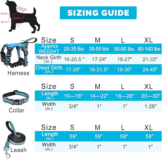 WINSEE Pet Harness Collar and Leash Set, All-in-one Reflective Dog Harness No Pull with Adjustable Buckles for Puppies, Small, Medium, Large, and Extra-Large Dogs (Medium, Blue)