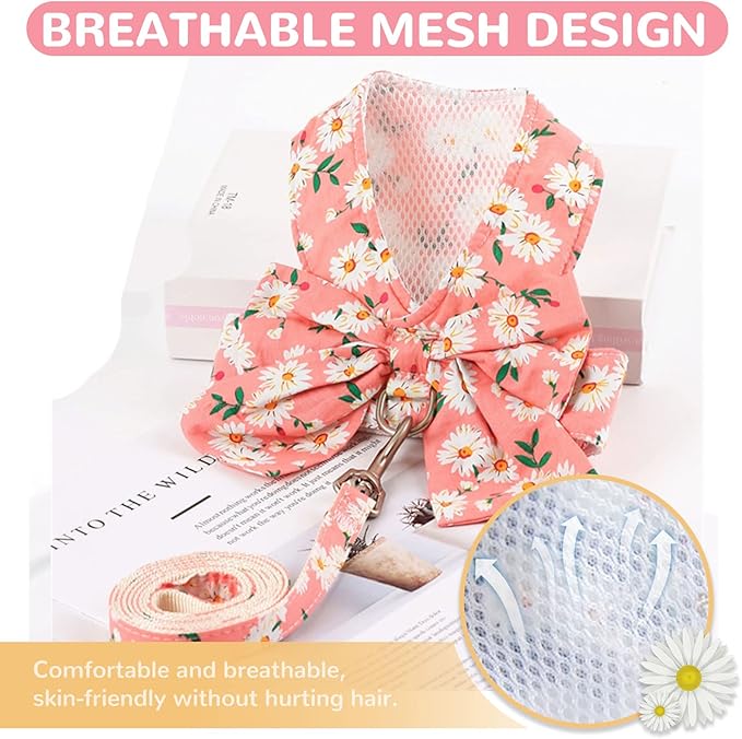 BAEJMJK Dog Harness and Leash Set with Bow Knot No Pull Pet Daisy Floral Harness with D-Ring Soft Mesh Dog Harness Vest Set Escape Proof Princess Puppy Harness for Small Girl Dogs Cats(Pink L)