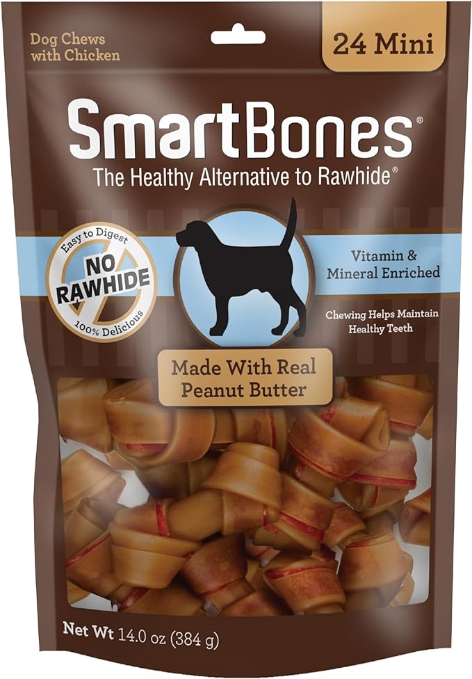 SmartBones Mini Chews With Real Peanut Butter 24 Count, Rawhide-Free Chews For Dogs