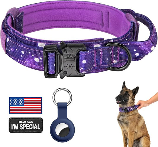 DAGANXI Tactical Dog Collar, Adjustable Military Training Nylon Dog Collar with Control Handle and Heavy Metal Buckle for Medium and Large Dogs, with Patches and Airtags Case (M, Purple Sky)