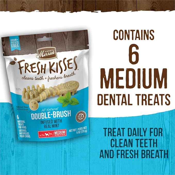 Merrick Fresh Kisses Natural Dental Chews Toothbrush Shape Treat Infused With Real Mint Medium Dogs - 6 ct. Bag