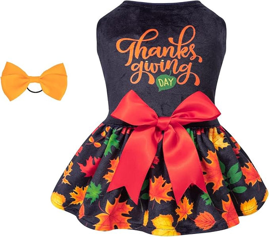 CuteBone Fall Dog Dresses Thanksgiving Costume Velvet Holiday Small Dogs Clothes Onesie Pet Apparel Girl Puppy Skirt with Bow Hair Rope CVA26M-D