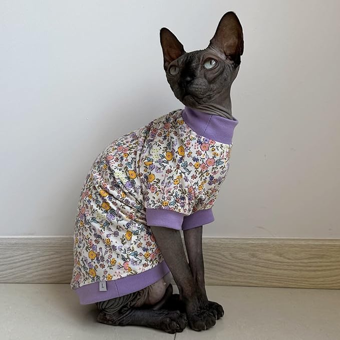 Sphynx Hairless Cat Cute Summer Cotton T-Shirts Pet Clothes,Round Collar Kitten Shirts Cats Apparel (Flor Do Campo, Small (Pack of 1))