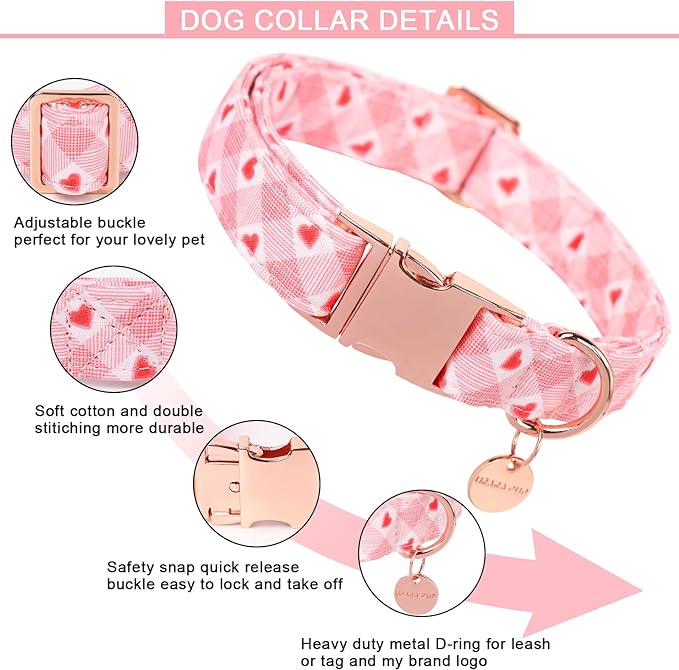 Valentine's Dog Collar,Pink Heart Dog Collar for Small Medium Large Girl Boy Dogs or Cats, Wedding Dog Collar Match Dog Leash, Pet Collar with Metal Buckle, S