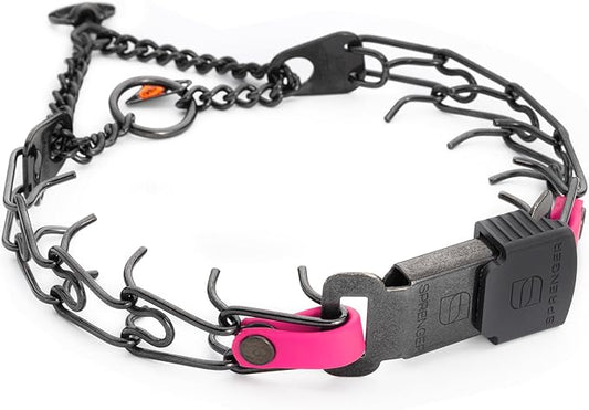 Herm Sprenger Black Stainless Steel Dog Collar with Quick Release ClicLock Buckle and Biothane Insert Training Collar Made in Germany (Passionfruit Pink, 16in x 2.25mm(Neck Size up to 13-14in))