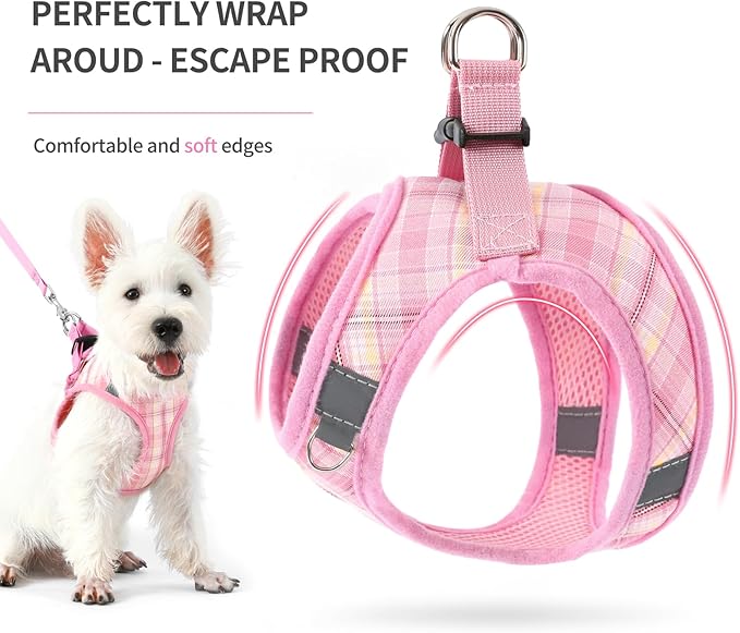 voopet Small Dog Harness and Leash Lightweight Cat Comfort Padded Soft Mesh Vest Step in Dog Harness No Pull No Choke Reflective Small Plaid Girl & Boy Puppy Kitty Walking Harness, Pink S