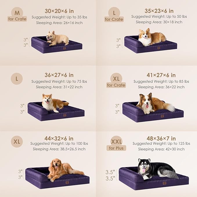 EHEYCIGA Memory Foam Dog Bed XLarge Sized Dogs, Extra Large Dog Bed Orthopedic with Washable Removable Cover, Waterproof XL Pet Bed Couch for Crate, 41x27x6 Inches, Purple